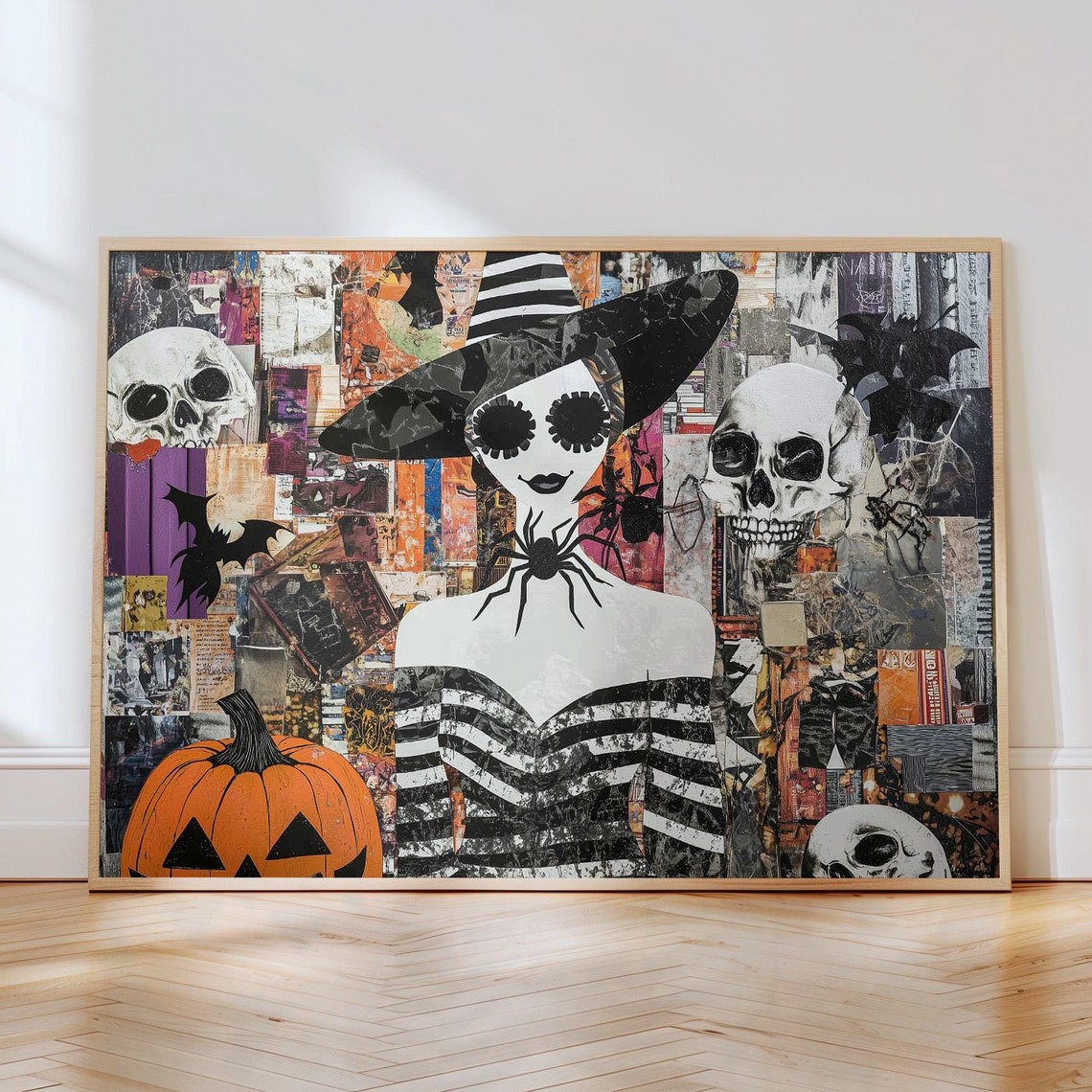 Halloween Witch Portrait Collage With Spooky Skulls Decor Poster