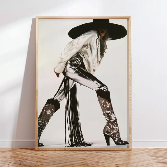 High Fashion Glam Cowgirl Art Metallic Boots And Fringe Wall Print Edgy Glamorous Decor For Fashion Lovers