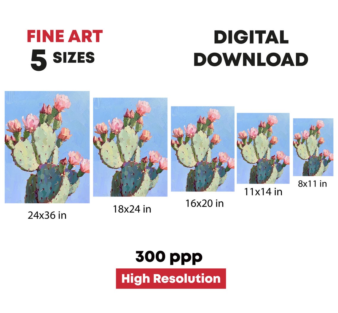 Blooming Prickly Pear Cactus Pink Flowers Blue Sky Botanical Print - Image 4