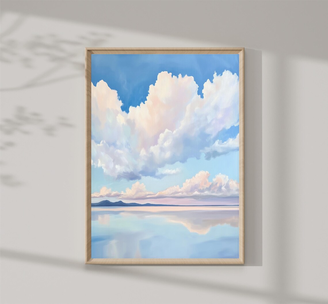 Fluffy Cumulus Clouds Over Calm Blue Water Sky Reflection Poster