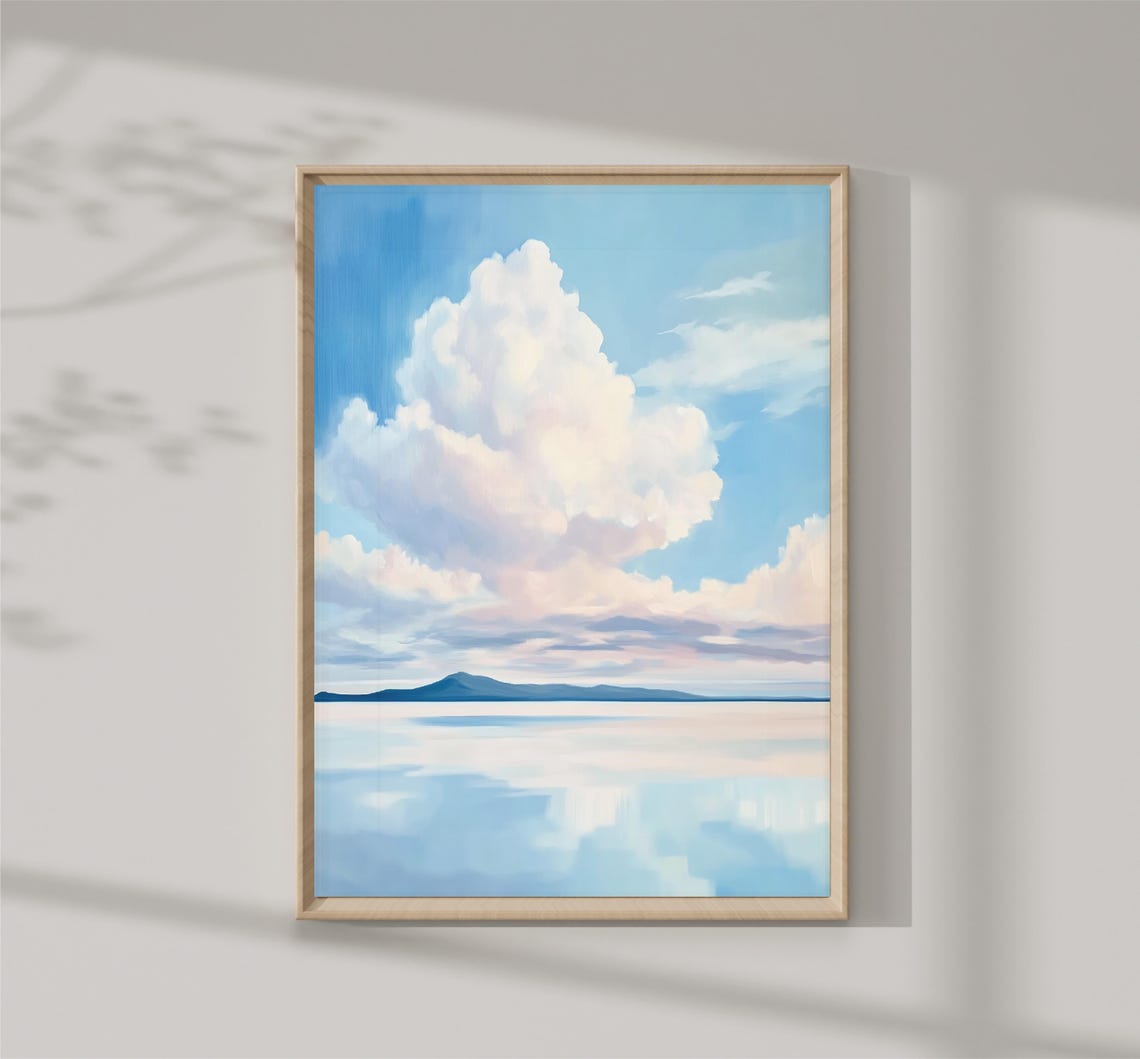 Billowing Clouds Over Calm Sea Distant Mountains Skyscape Poster