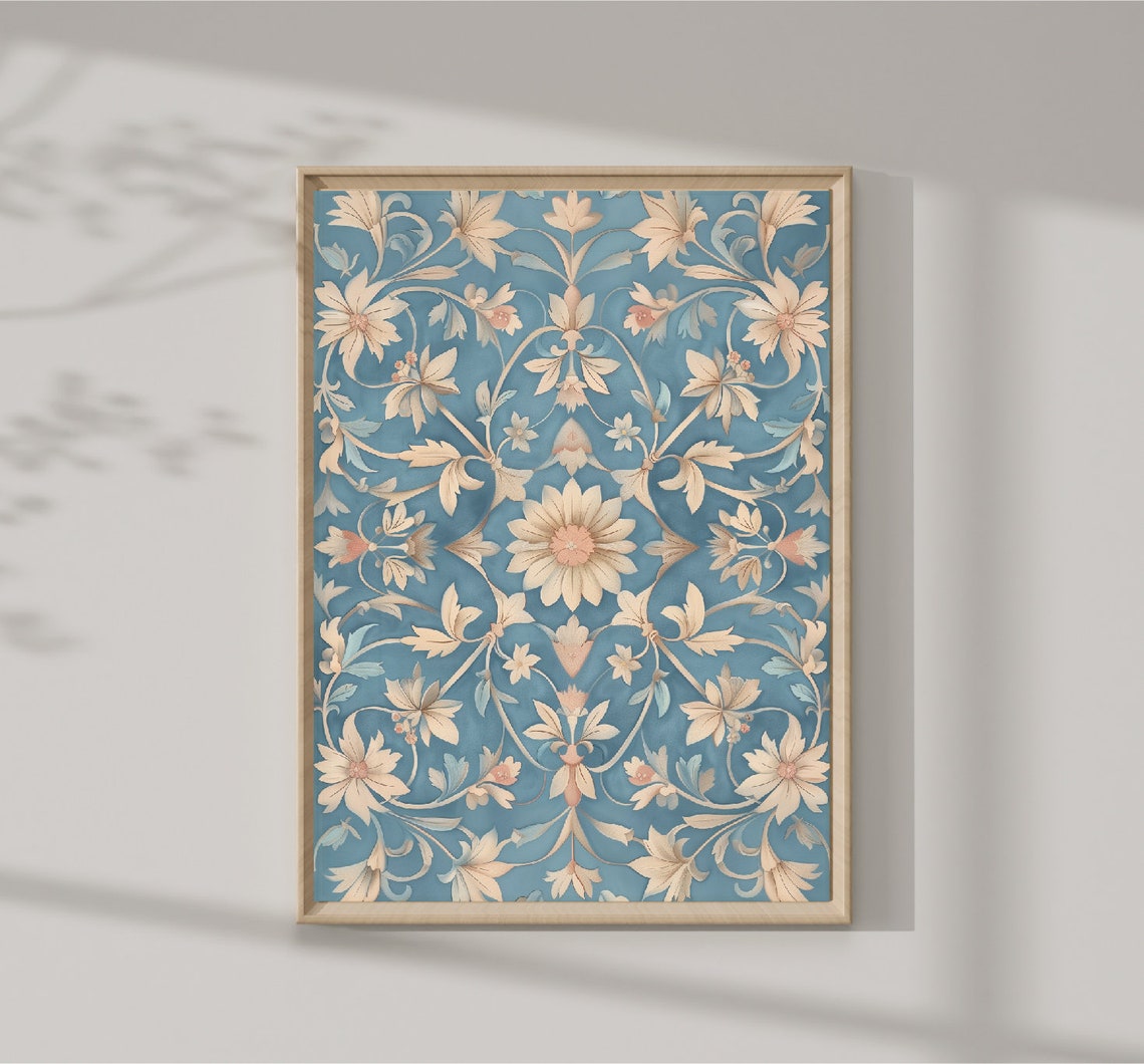 Blue Cream Indian Floral Pattern Ornate Traditional Textile Print