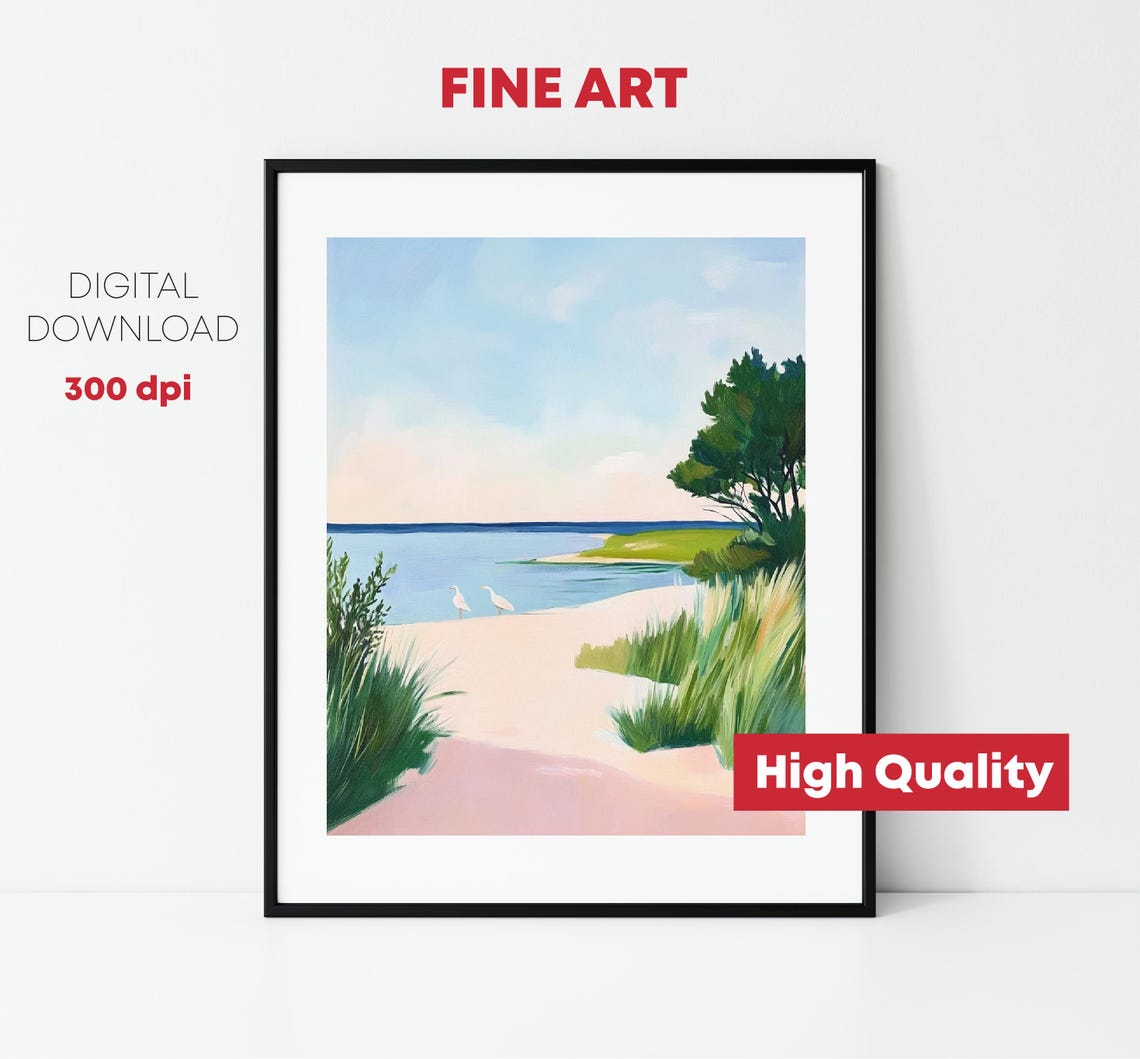 Dune Beach Path With Egrets Pastel Sea Grass Coastal Walk Print - Image 2