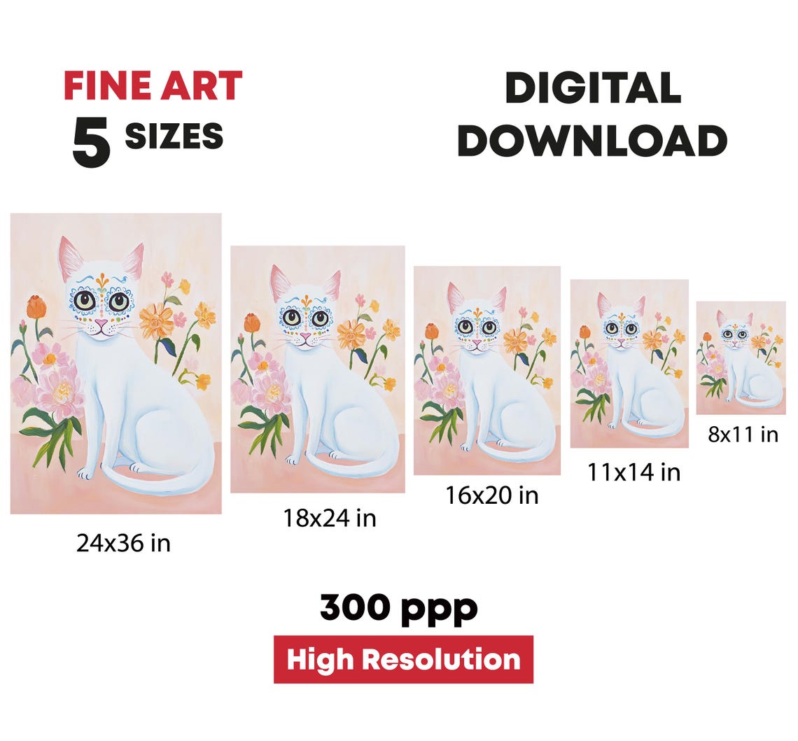 White Cat Sugar Skull Floral Face Painted Kitty Blossom Art Poster - Image 4