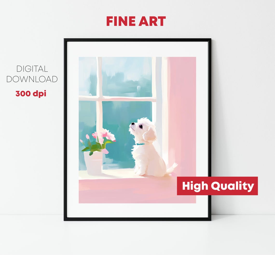 White Puppy Looking Out Window Pastel Nursery Kids Room Art Print - Image 2