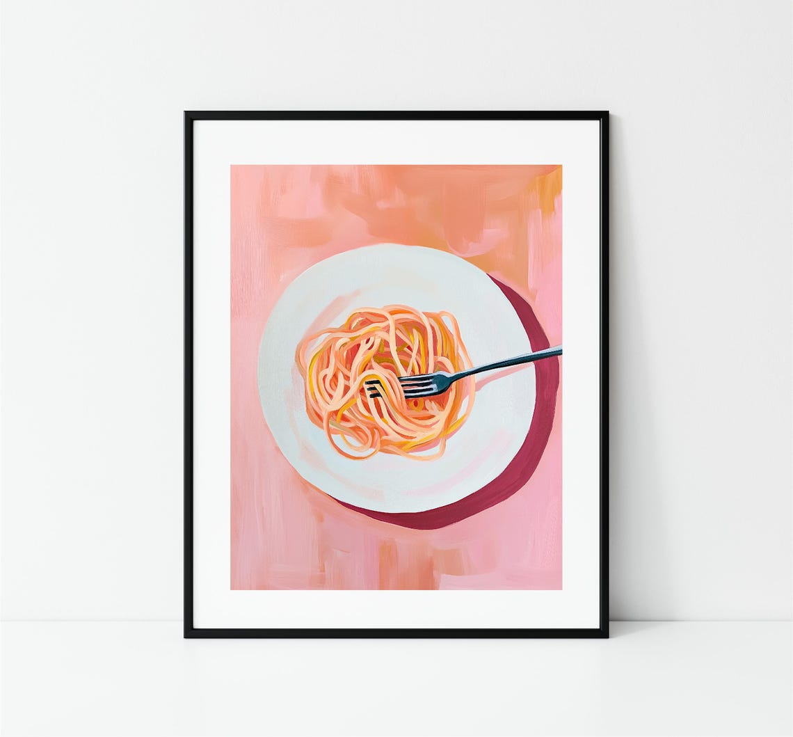 Pink Spaghetti Plate Fork Top Down Food Painting Kitchen Wall Art - Image 2