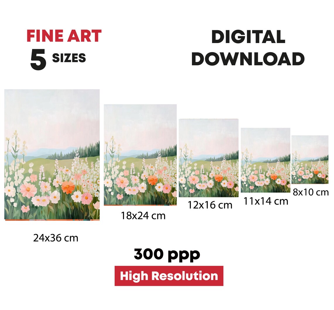 Wildflower Meadow Pastel Field Distant Hills Floral Landscape Print - Image 4