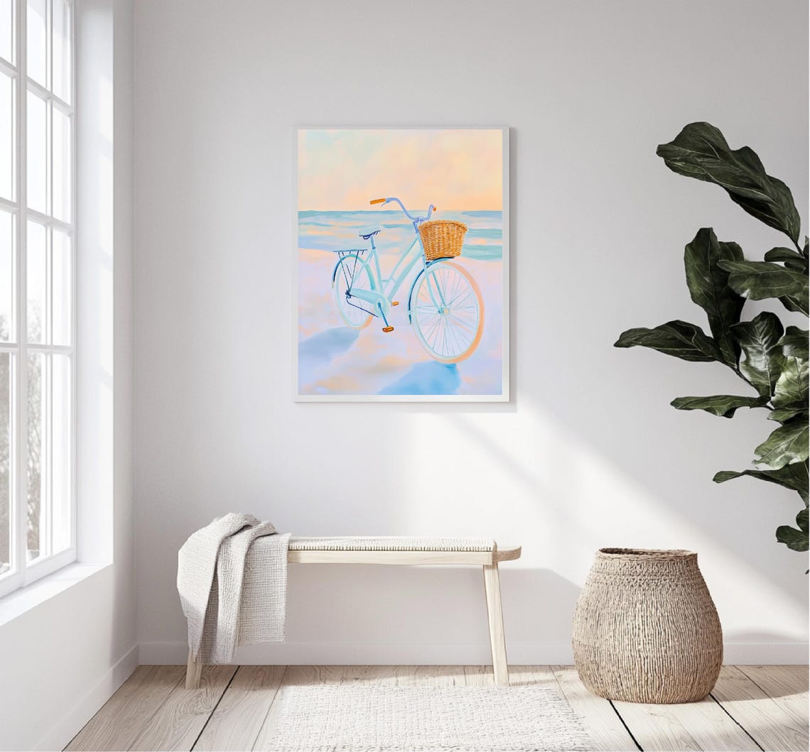 Blue Beach Cruiser Bike Wicker Basket Pastel Sunset Ocean Art Print - Image 5