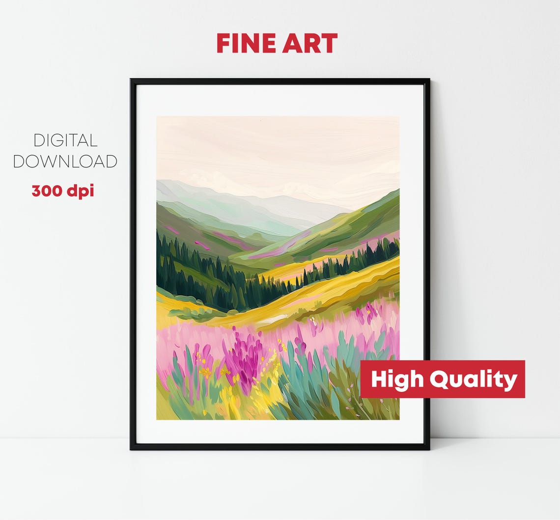 Pink Wildflower Meadow Mountain Valley Golden Hills Landscape Poster - Image 2
