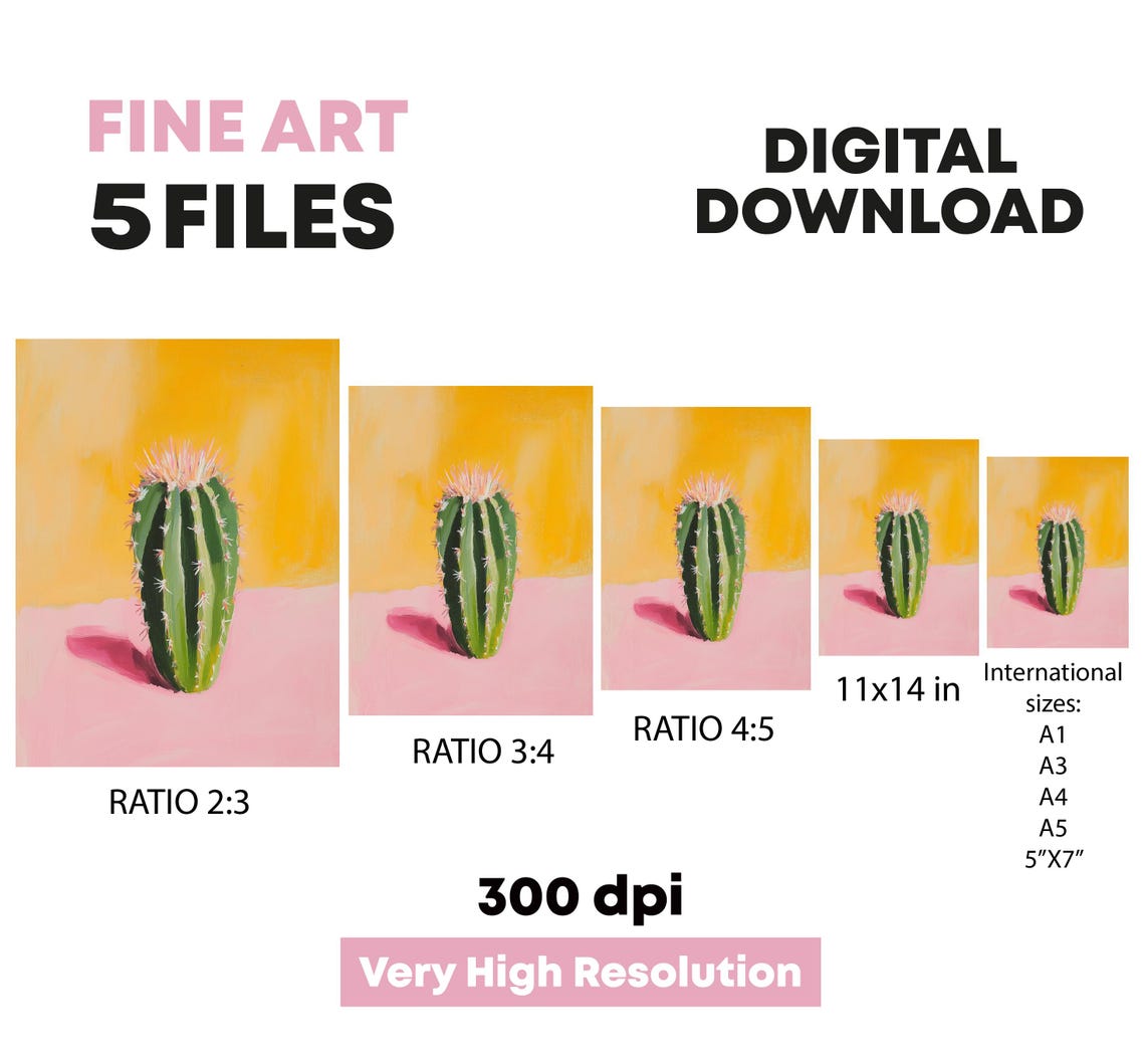 Green Cactus On Pink Surface Pop Art Yellow Background Wall Poster - Image 5