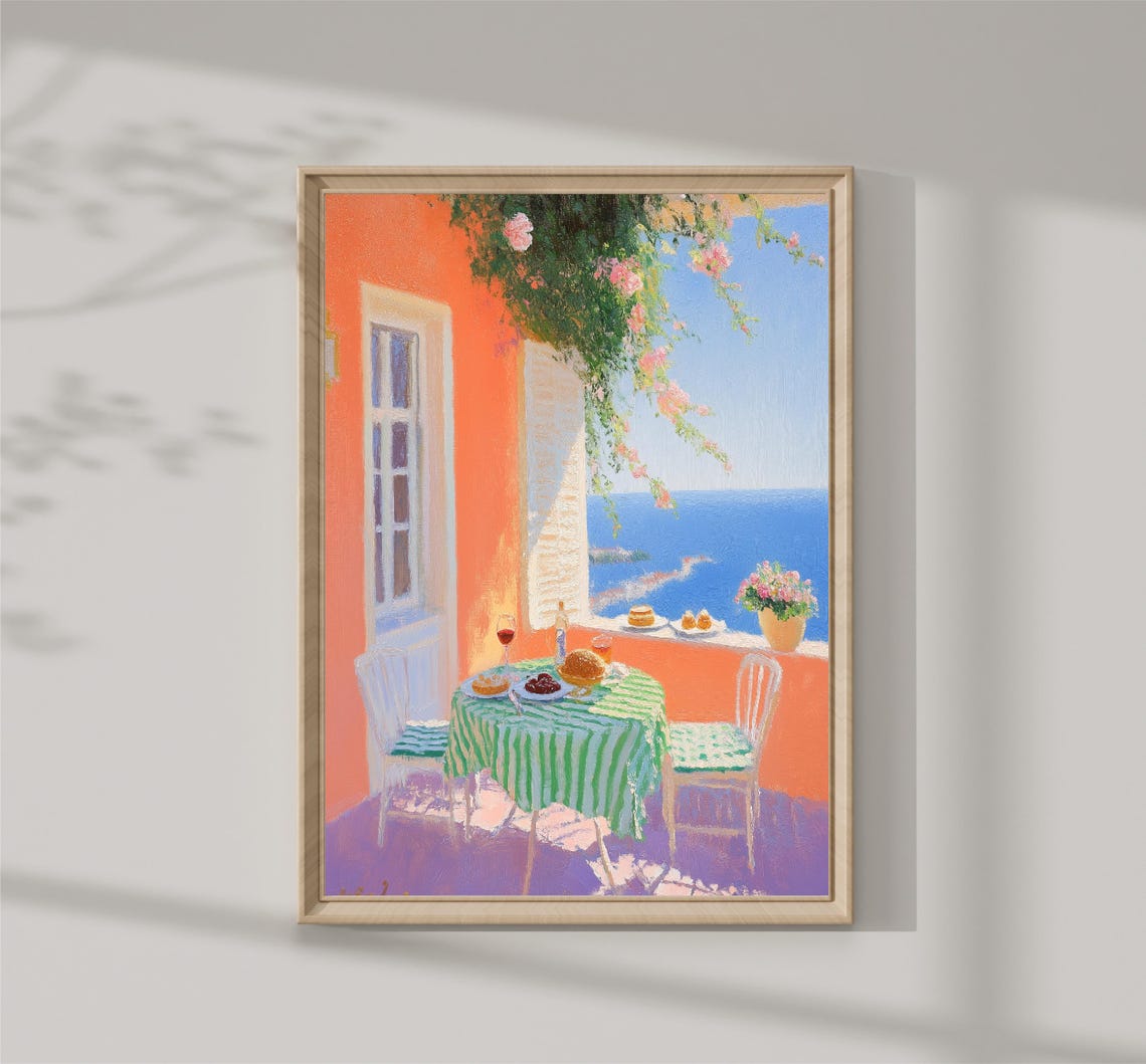 Mediterranean Seaside Terrace Cafe Orange Wall Ocean View Poster