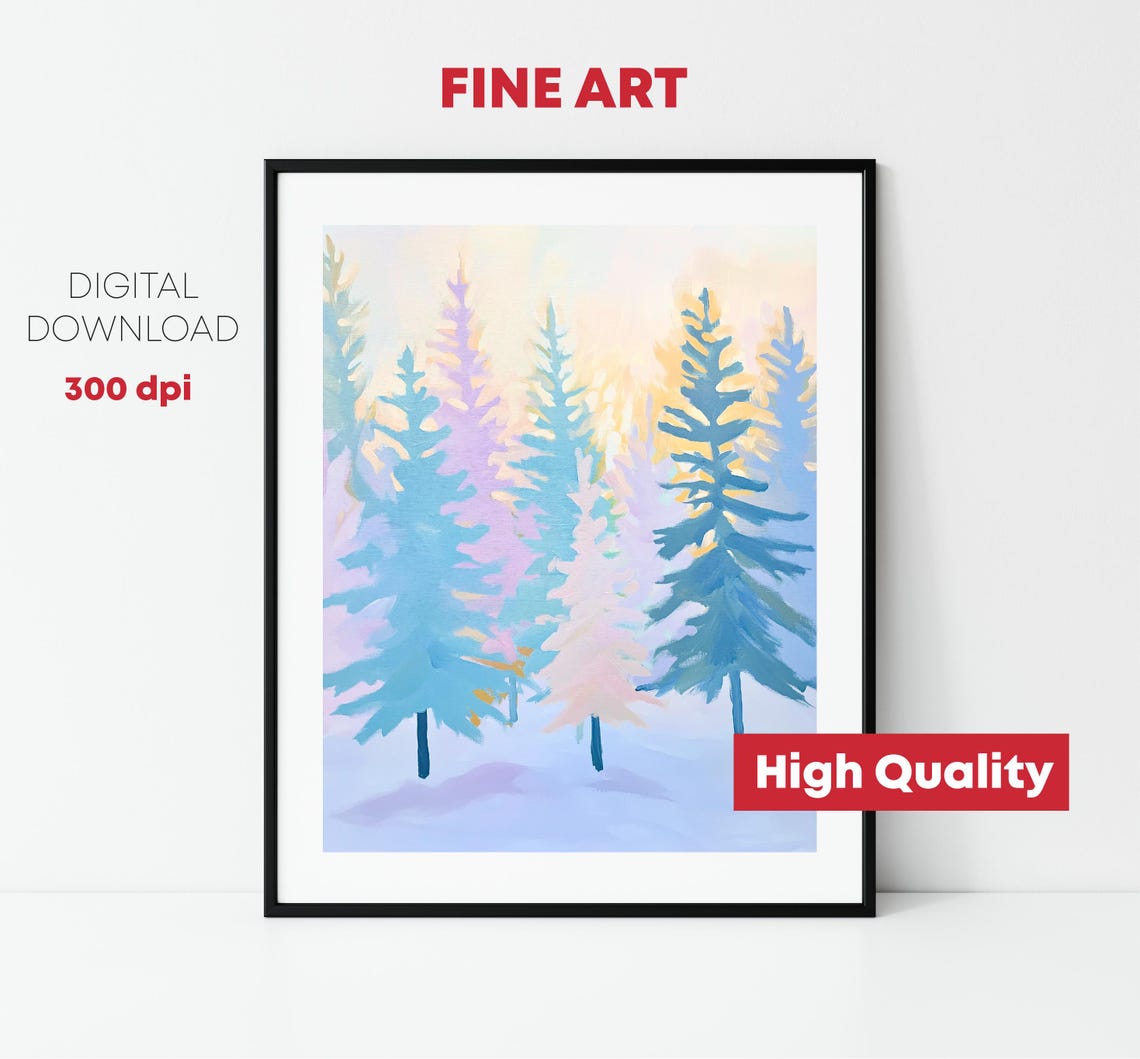 Pastel Winter Pine Forest Snowy Blue Trees Holiday Christmas Wall Art - Image 2