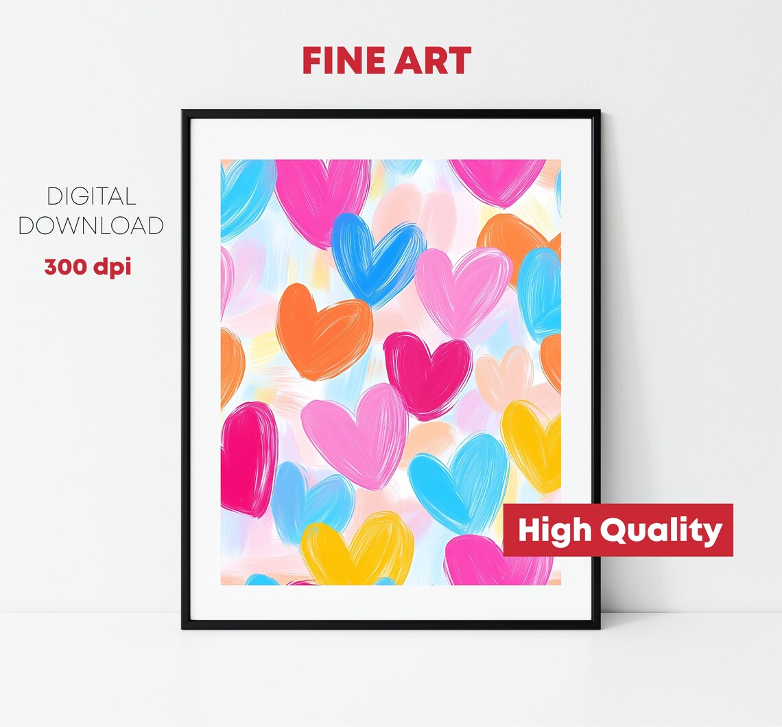 Colorful Hearts Pattern Brushstroke Pink Blue Orange Love Art Print - Image 2