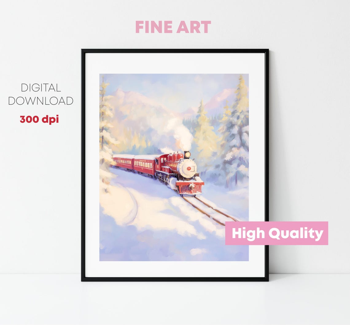 Red Steam Train Snowy Mountains Holiday Express Winter Art Poster - Image 2