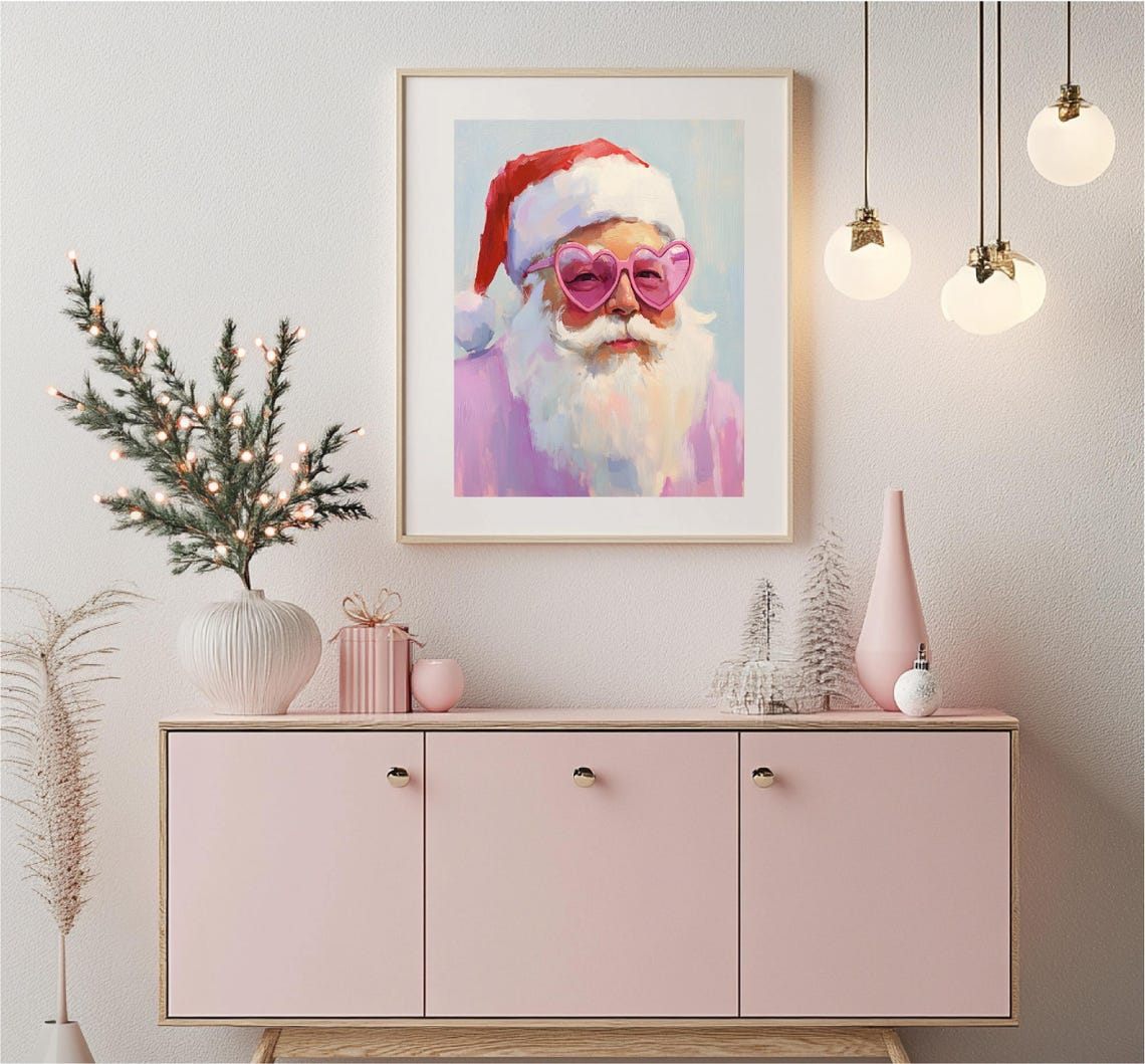 Painting Of Pink Santa Claus Portrait Pink Christmas Art Print Christmas Home Decoration Christmas Card - Image 2