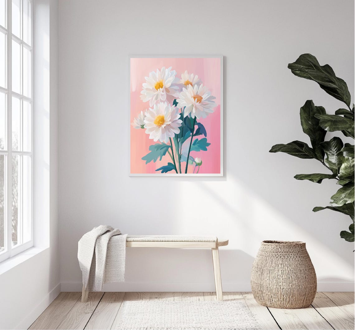 White Daisy Bouquet Yellow Centers Pink Background Floral Art Print - Image 5