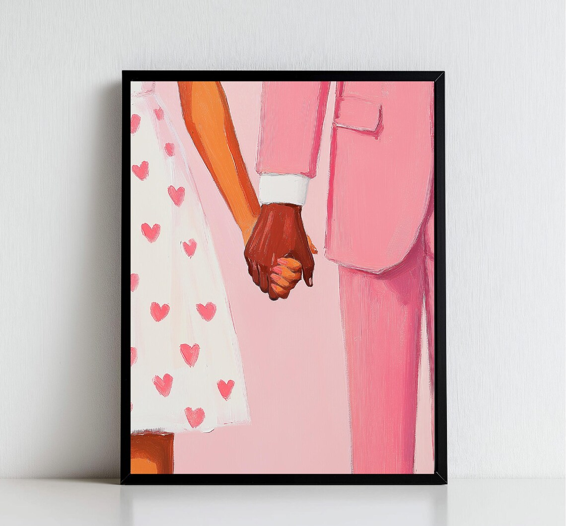 Romantic Couple Holding Hands Pink Hearts Modern Love Wall Art - Image 4