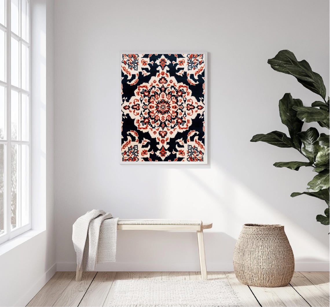 Navy Blue Ikat Medallion Tapestry Red Cream Boho Pattern Art Print - Image 5