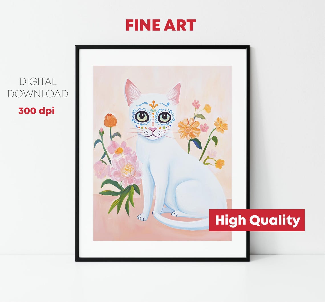 White Cat Sugar Skull Floral Face Painted Kitty Blossom Art Poster - Image 2