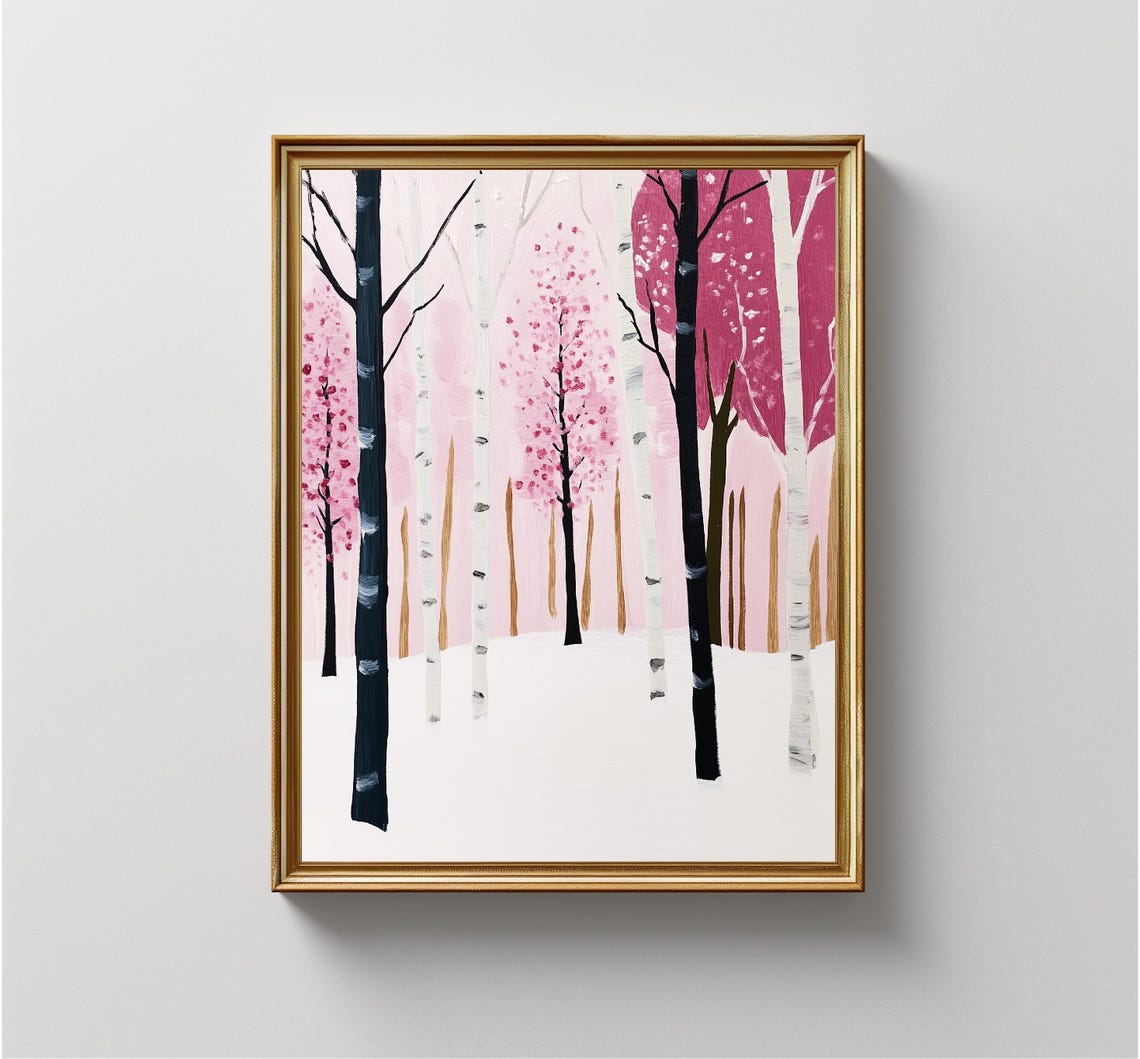 Pink Birch Forest In Snow Winter Wonderland Trees Pastel Print - Image 4