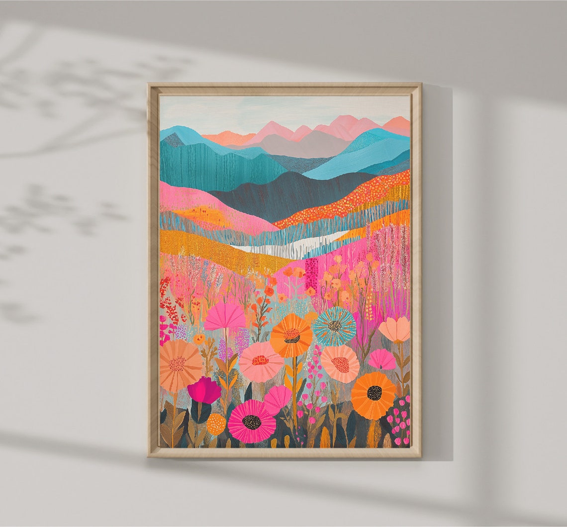 Colorful Patchwork Mountain Meadow Wildflower Abstract Wall Art