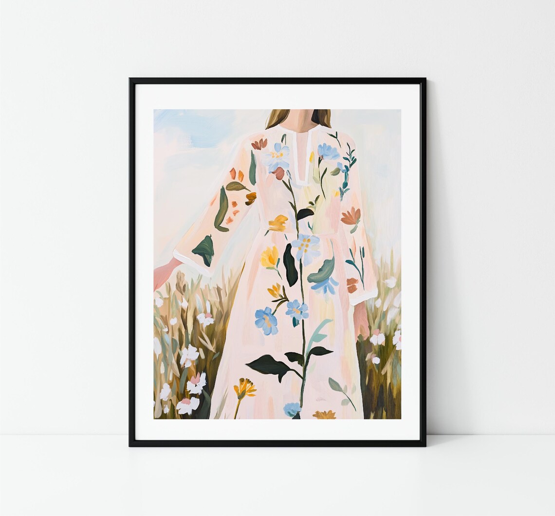 Woman In Floral Dress Standing In Wildflower Field Dreamy Print - Image 3