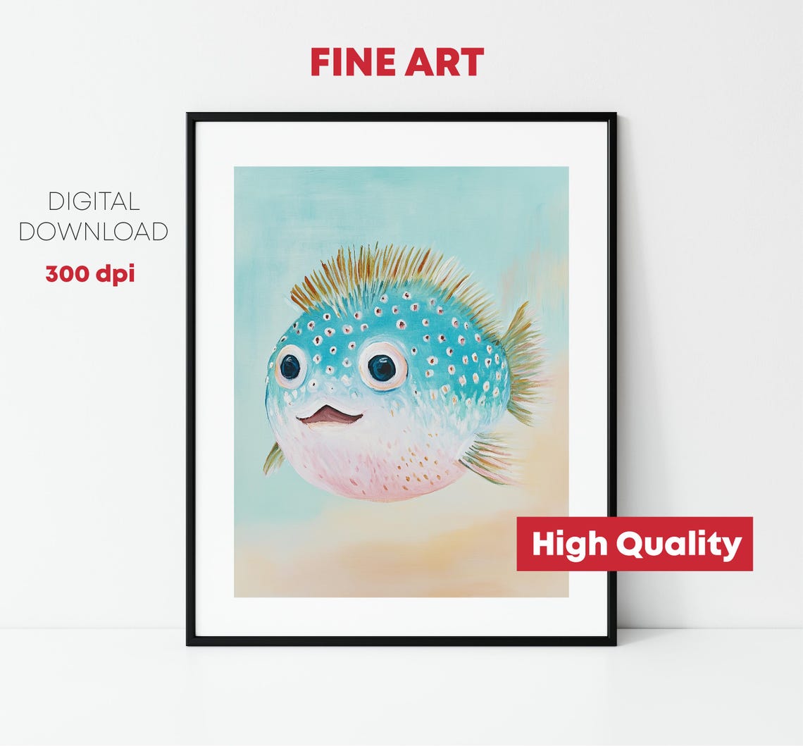 Smiling Blue Pufferfish Portrait Pastel Ocean Nursery Wall Art Print - Image 2
