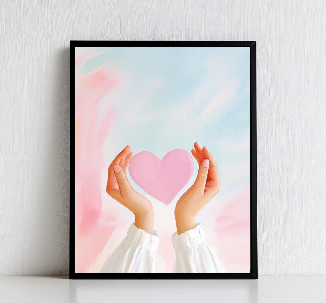 Hands Holding Pink Heart Pastel Watercolor Sky Love Wall Art Poster - Image 2