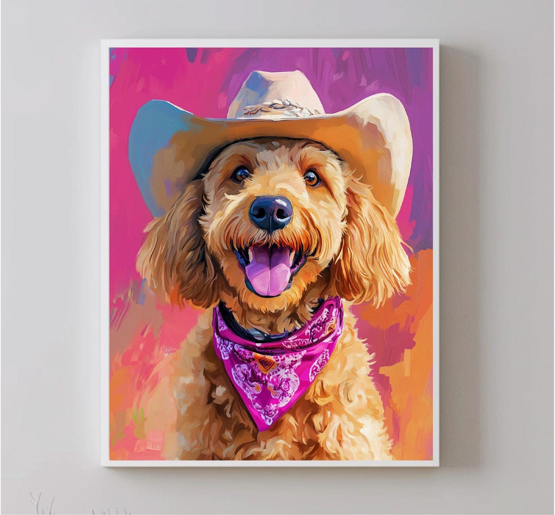 Impressionist Painting Of A Happy Golden Dog With A Cowboy Hat And Pink Bandana Around His Neck For Kids Room Decoration - Image 5