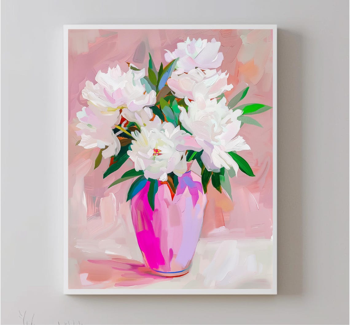 White Peony Bouquet Pink Vase Abstract Floral Still Life Art Print - Image 5