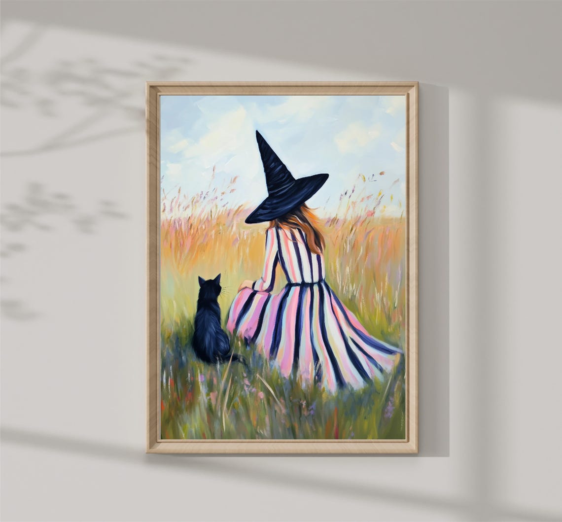 Witch In Striped Dress Meadow With Black Cat Whimsical Halloween Print