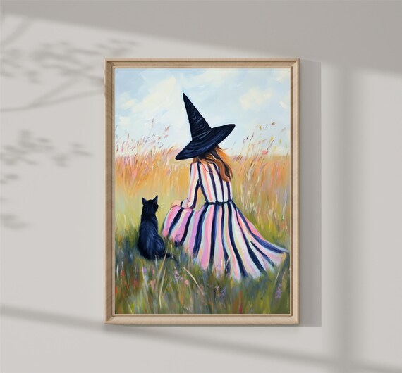 Witch In Striped Dress Meadow With Black Cat Whimsical Halloween Print