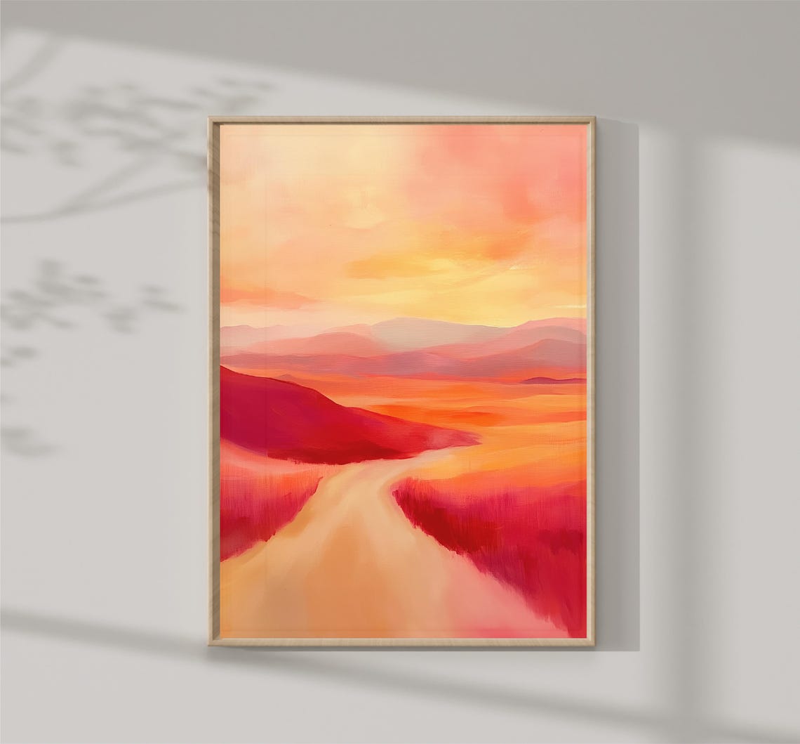 Fiery Sunset Desert Path Red Orange Abstract Landscape Art Print