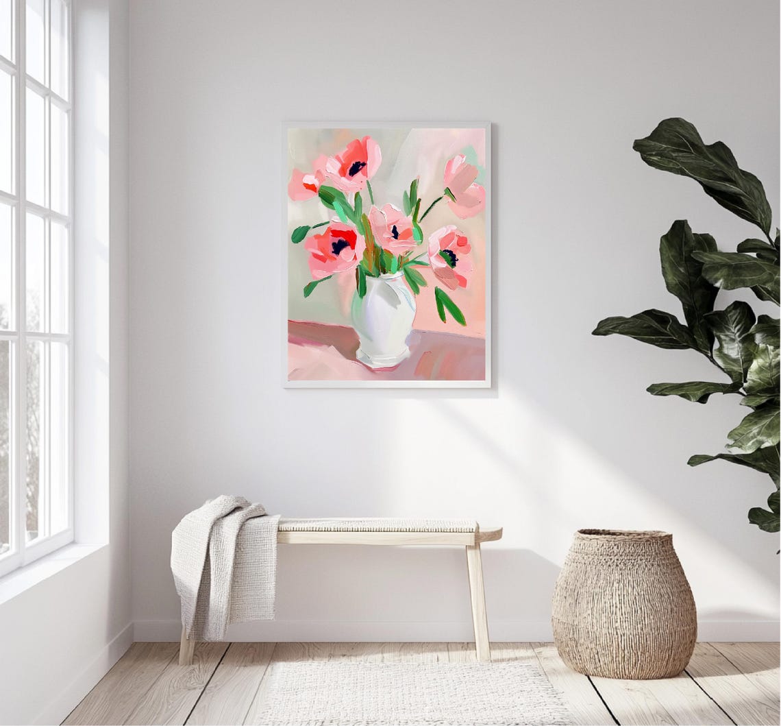 Pink Anemones Bouquet White Vase Impressionist Floral Painting Print - Image 5