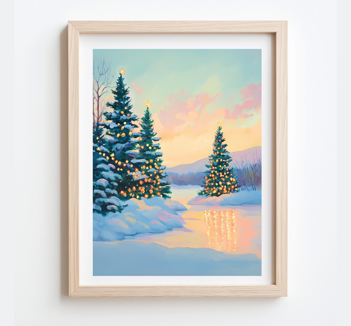 Snowy Evergreens Golden Lights Frozen Pond Winter Holiday Poster - Image 2