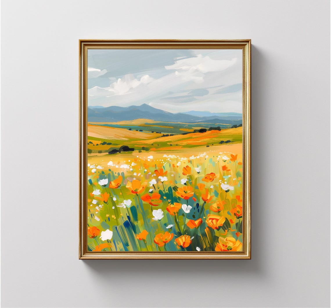 Wildflower Meadow Orange Poppies Mountain View Spring Landscape Poster - Image 4
