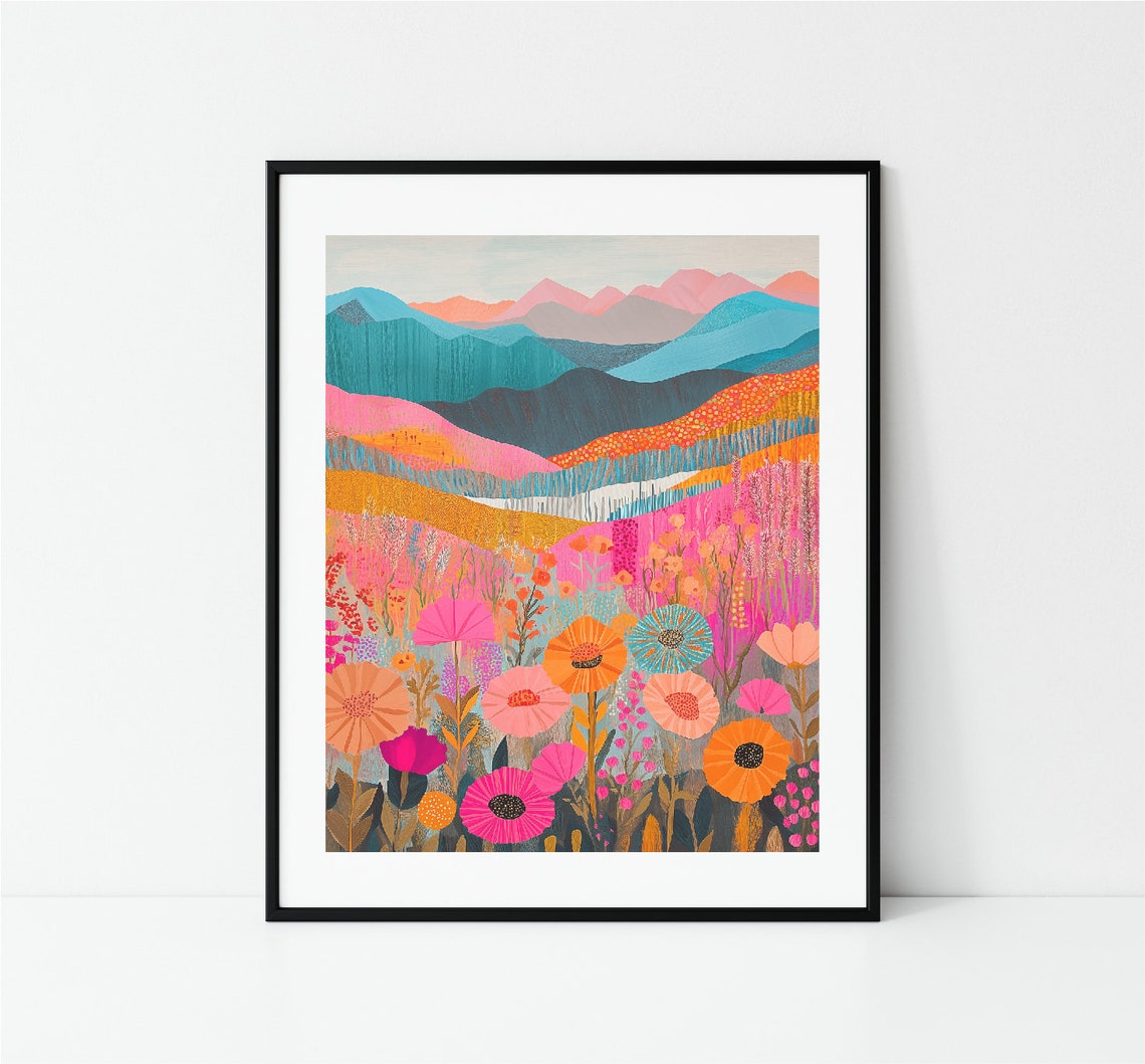 Colorful Patchwork Mountain Meadow Wildflower Abstract Wall Art - Image 3
