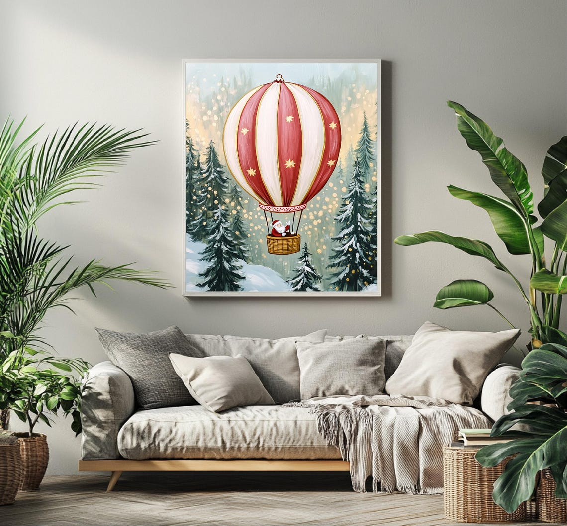 Santa Claus Hot Air Balloon Over Snowy Forest Christmas Art Poster - Image 3