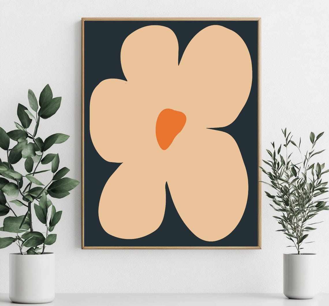 Peach Abstract Flower Dark Charcoal Background Botanical Wall Art - Image 3
