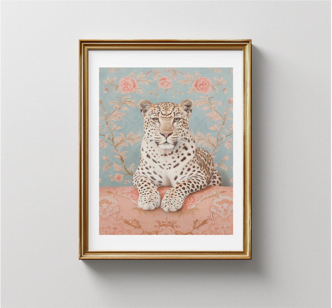 Leopard Portrait With Vintage Pink Roses Floral Maximalist Wall Art - Image 3