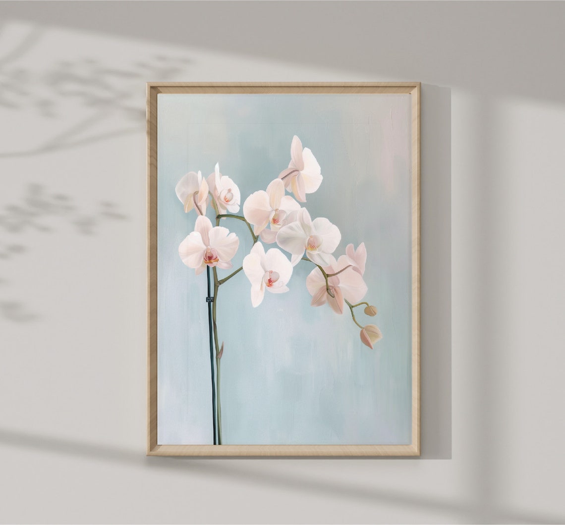 White Orchid Blossoms Soft Blue Background Botanical Art Print