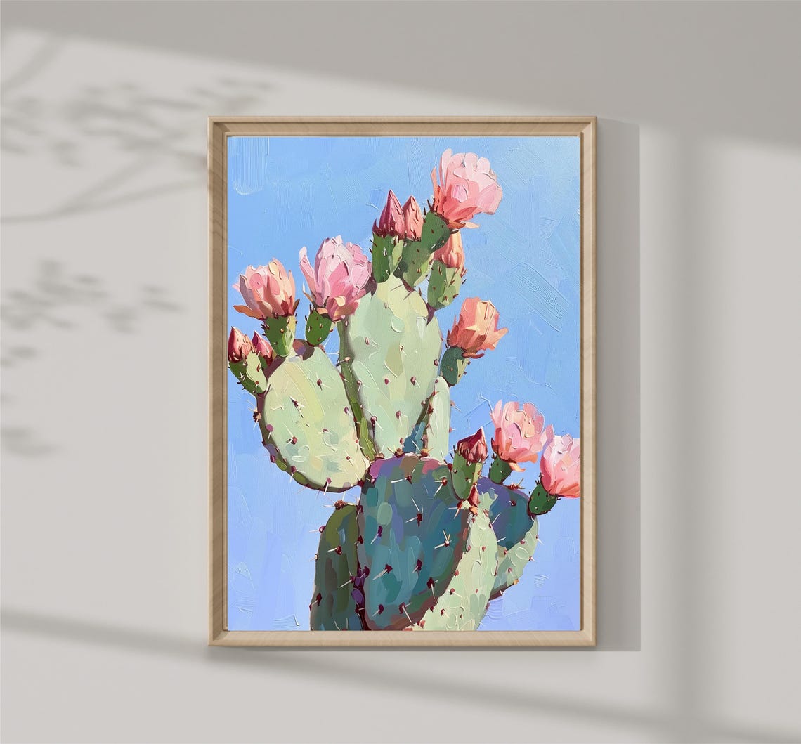 Blooming Prickly Pear Cactus Pink Flowers Blue Sky Botanical Print