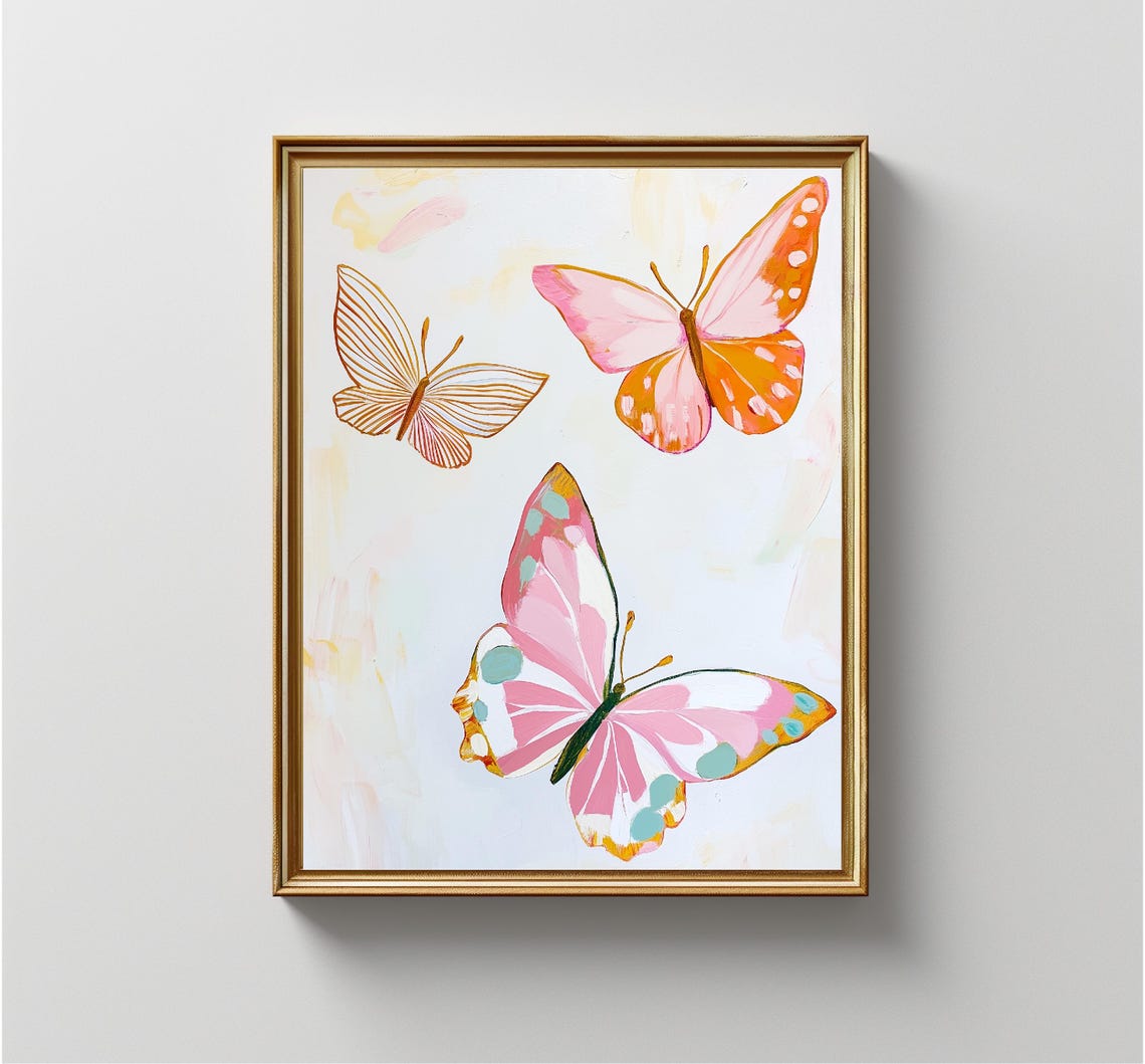 Three Pink Orange Butterflies Botanical Pastel Insect Art Print - Image 3