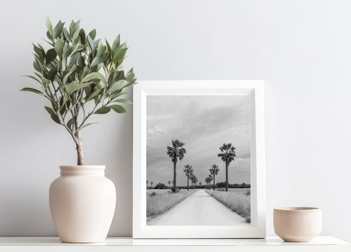 Black And White Palm Tree Lined Rural Road Minimalist Travel Poster - Image 3