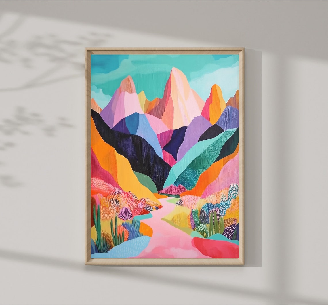 Vibrant Abstract Mountain Valley Pink Path Landscape Wall Art