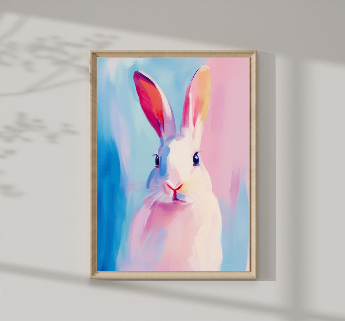 White Bunny Portrait Pink Blue Pastel Nursery Kids Room Wall Art