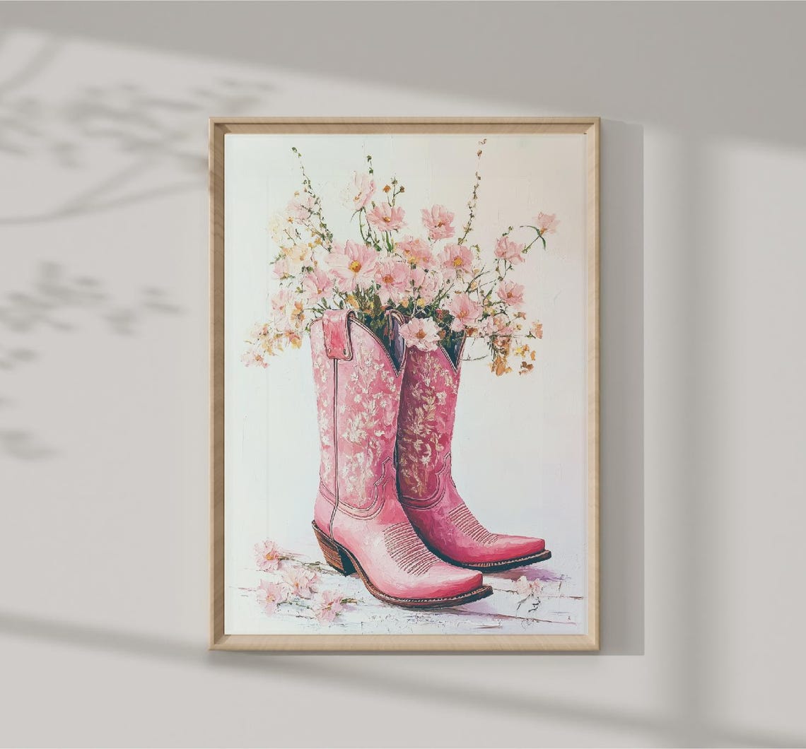 Trendy Illustration Of Colorful Cowgirl Boots With Flowers Print Cowgirl Prints Coquette Cowgirl Cow Girl Wall Art Trendy Decor