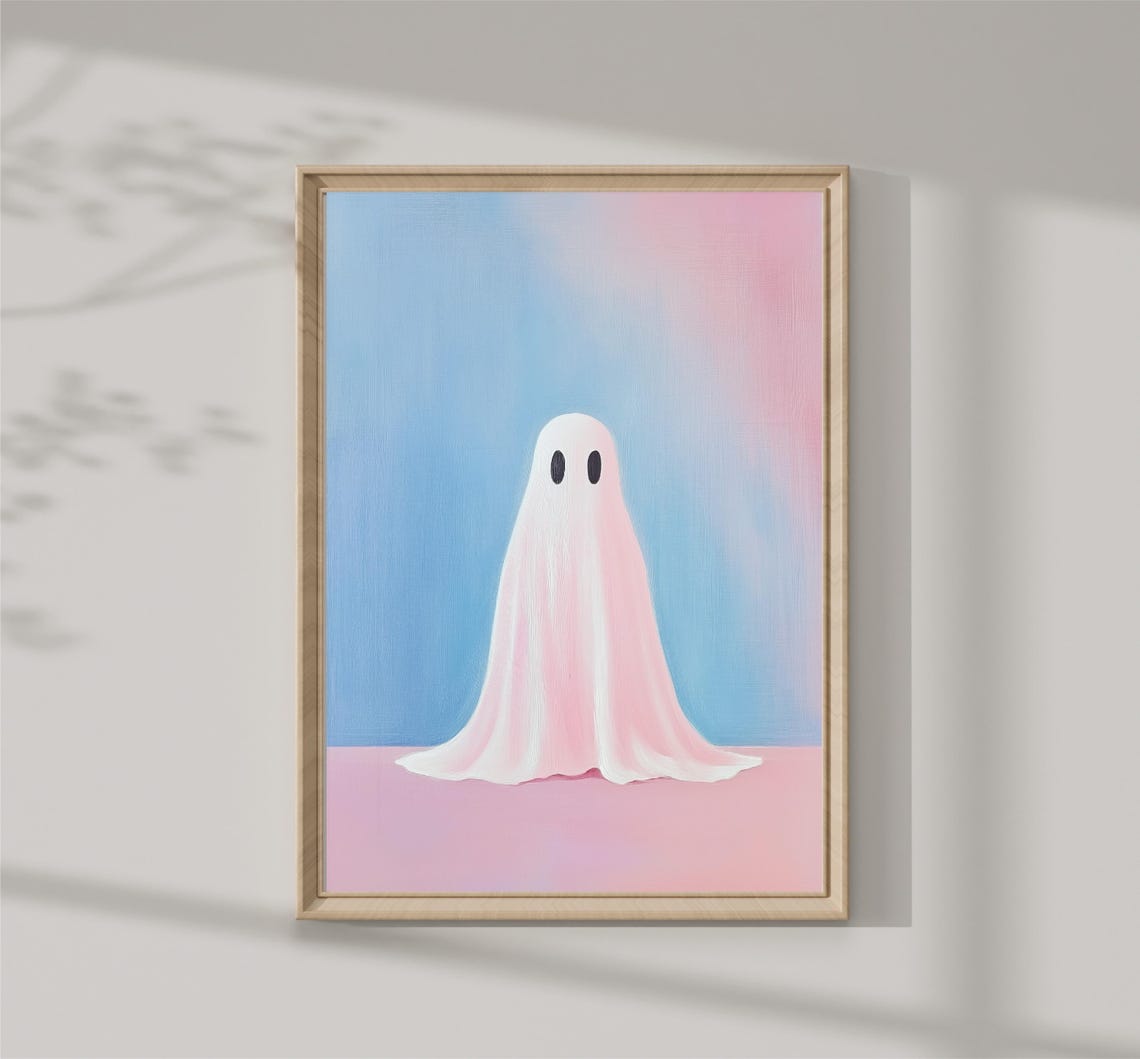 Cute Little Ghost Pastel Pink Blue Halloween Nursery Girls Room Print