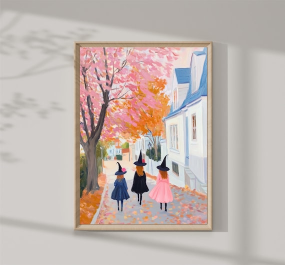 Three Little Witches Autumn Street Pink Fall Trees Halloween Print