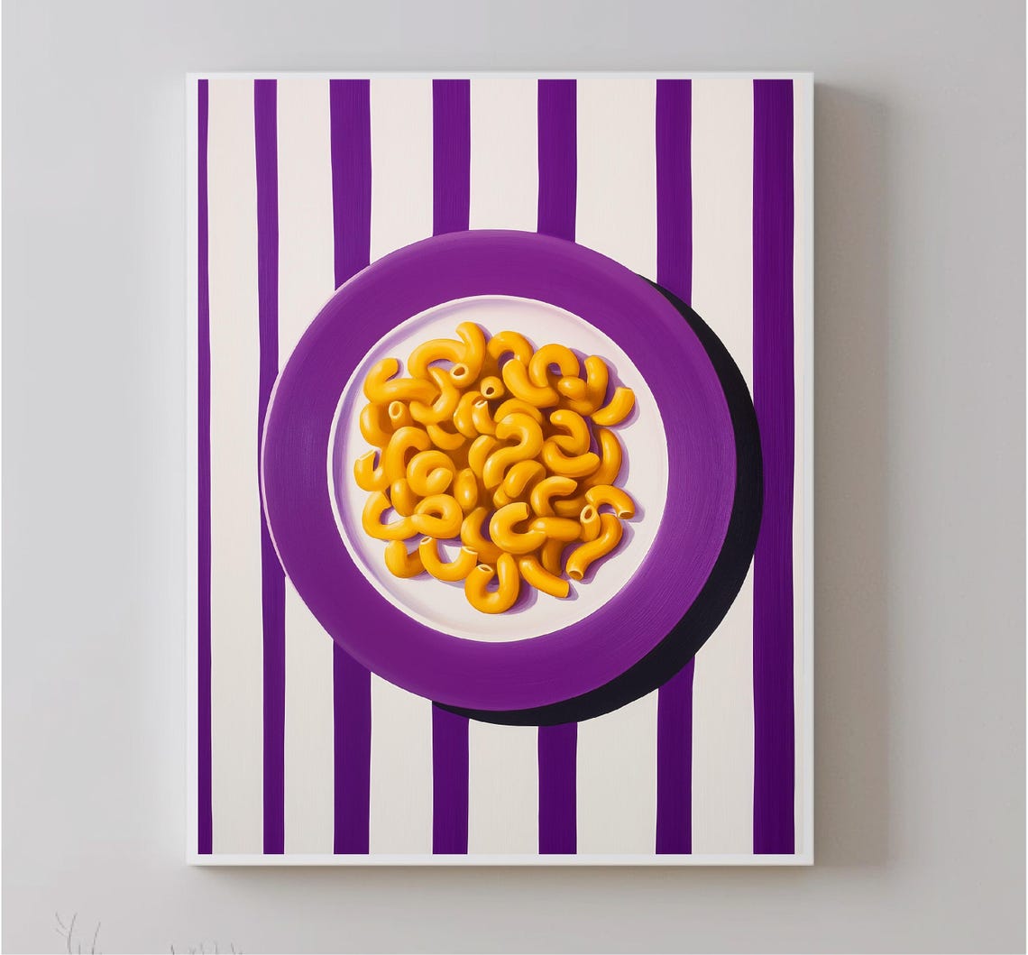 Macaroni Pasta On Purple Plate Bold Striped Kitchen Wall Art Poster